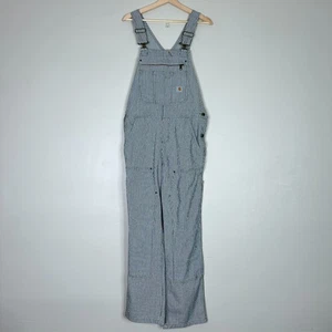 Carhartt Womens M 8/10 Railroad Stripe Denim Bib Double Knee Blue Striped - Picture 1 of 15