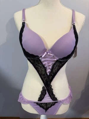 Native Intimates Body Central Lingerie Bodysuit.  36C Purple/black Lace Pad NWT - Image 1 of 4