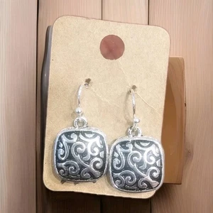 Sterling Silver Etched Square Dangle Earrings - Picture 1 of 5