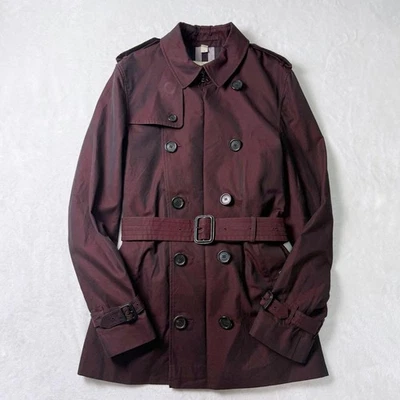 Rare BURBERRY Short Trench Coat Burgundy Size 48 Stylish Belted Design - Image 1 of 4