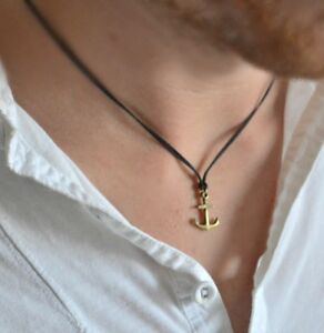 Bronze anchor necklace for men black cord mens nautical jewelry handmade gift