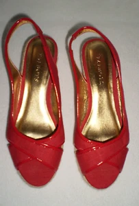 Talbots Women,s Red Canvas/Patent Look Peep Toe Sling Back Espadrille Wedge sz7 - Picture 1 of 6