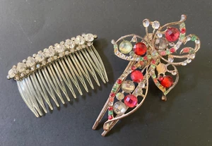 Lot of 2 Vintage Large Jeweled Alligator Silver Hair Clip & Jeweled Comb Ornate - Picture 1 of 12