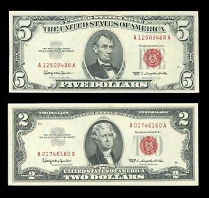 Beautiful Set of 1963 Red Seal U.S. Notes $5 Red Seal and $2 Red Seal Very Fine