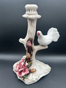 VTG Capodimonte Tree Candlestick Holder Dove & Pink Roses Figurine Italy 11.5" - Picture 1 of 10