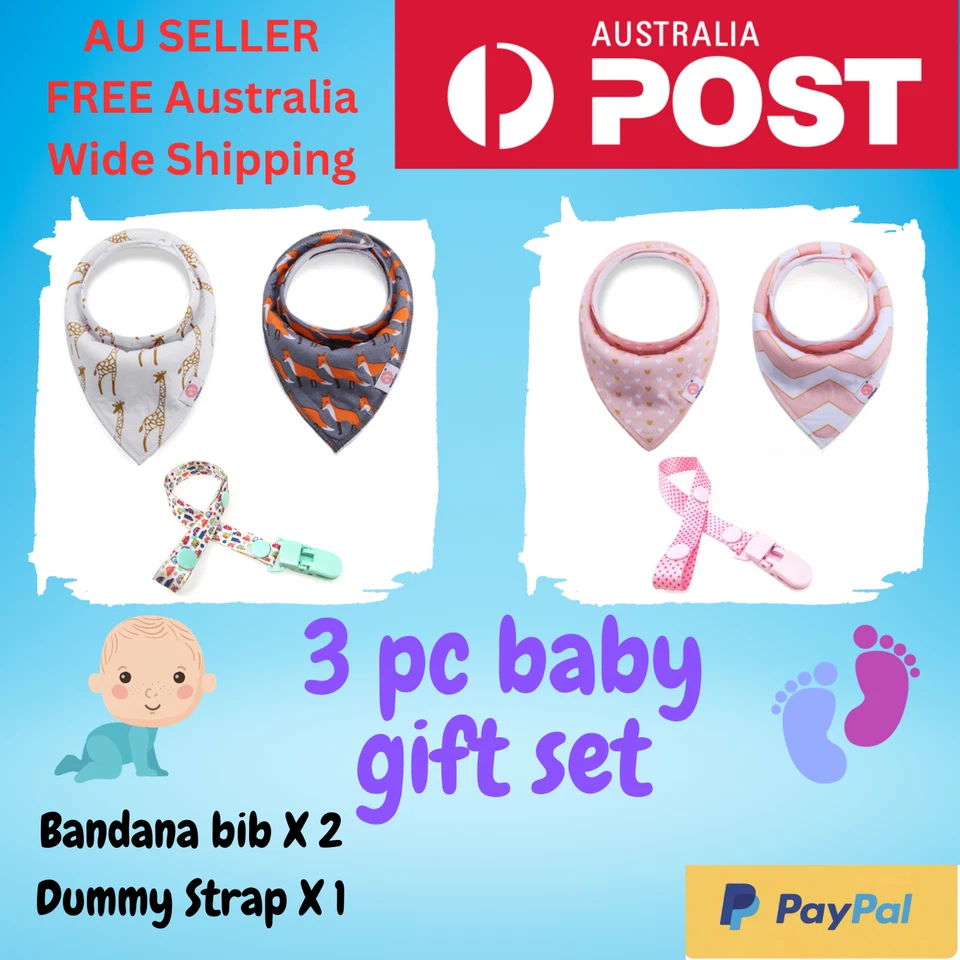 3 PC Baby GIFT SET Dummy Strap+TWO Bandana Teething Bibs-GREAT BABY GIFT - image 1 of 4