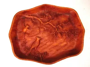 Carved Wood-look Plastic Tray Birds, Pine Limbs, Cones Multi Prod 1960s Vintage - Picture 1 of 3