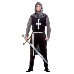 Mens Medieval Black Knight Fancy Dress Costume Chain Mail Hood Templar - Picture 1 of 1