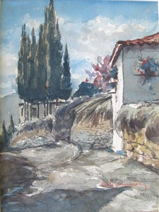 Signed Watercolor : Peloponnesian, St. Vassilies Village, Greece / Framed - Picture 1 of 6