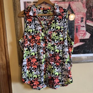 Deb Skulls Blouse 2X Plus Size Orange Button Down Sleeveless Pockets Sheer - Picture 1 of 7