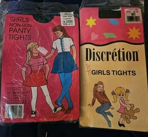 2 Vintage girls Non-run Nylon tights Sealed package size 12-14 Navy And Green - Picture 1 of 3