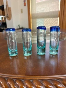 Cobalt Blue Rim Tequila hand blown glass - Shot Glasses - Set of 4 READ desc - Picture 1 of 8