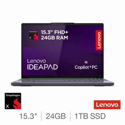Lenovo IdeaPad Slim 3, Copilot+  Snapdragon X 24GB RAM 1TB SSD, 15.3 Inch Laptop - Image 1 of 4