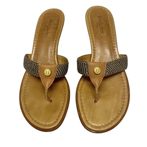 Eric Javits Thong Sandals Flip Flops Kitten Heels Leather Logo Black / Tan Sz 9 - Picture 1 of 8