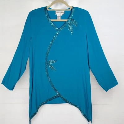 Blusa túnica grande para mujer Diane Gilman con cuentas cuello en V 100 % seda turquesa Foto 1 de 4