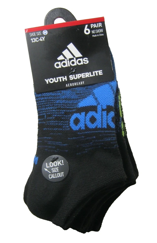 ADIDAS Boys Superlite No Show Socks Size M 13C-4Y Black Assorted 6-Pairs