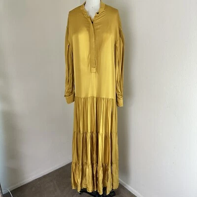 Heidi Merrick Dress Womens 8 Mustard Yellow Tiered Maxi Silky Shirt Long Sleeve - Image 1 of 4