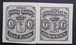 1856 FRANCO 5MARKE FUNF GROTE 7MARKE SEVEN GROTE FALGERY BREMA GERMANY FRANCOBOLLI - Foto 1 di 2