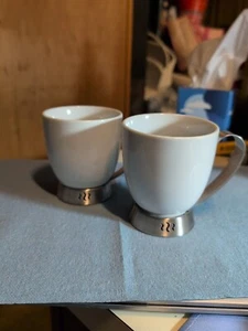 Trudeau Coffee Mugs White Ceramic Stainless Steel Base And Handles 10 Oz Set 2 - Picture 1 of 4