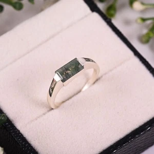 Baguette Moss Agate Ring Vintage Moss Agate Unique Engagement Ring Women - Picture 1 of 5