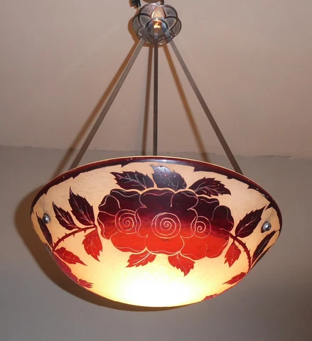 STUNNING FRENCH ART DECO CHANDELIER 1925- FLASHED GLASS - SIGNED: DEGUE Cover