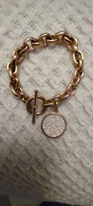 Michael Kors 7" Rose Gold Toggle Bracelet MK Monogram Disc Crystals - Picture 1 of 2