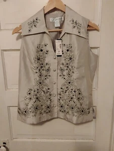 Dressbarn tan sleeveless Top w Floral embroidery Size  medium  - Picture 1 of 3