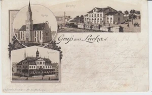 Postal Turingia saludo desde Lucka estación Rathau iglesia 1893 locomotora - Imagen 1 de 2