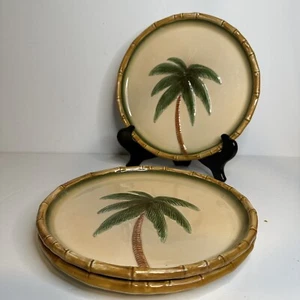 Tommy Bahama Palm Tree Design Dessert Plates  8 1/2”  Set of 3 Queen Palm Bamboo - Picture 1 of 9