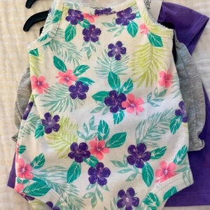 Carter's 3 piece Purple floral Baby romper and shirt/ pant set 6m - Picture 1 of 6