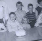 1950s SNAPSHOT PHOTO BIRTHDAY CAKE &amp; PARTY W/FAMILY AT KTICHEN TABLE