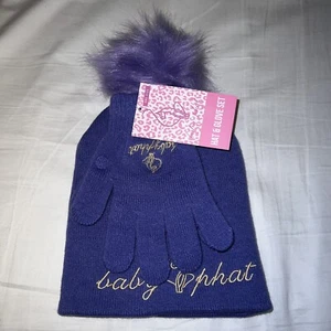 Baby Phat Knit Beanie Hat & Gloves Girls One Size Winter Purple Pom NWT 323 - Picture 1 of 4
