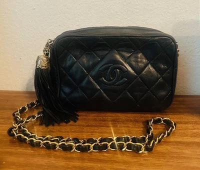 Vtg CHANEL Black Leather Diamond CC Quilted Camera Crossbody Tassel Bag Purse - Image 1 of 4