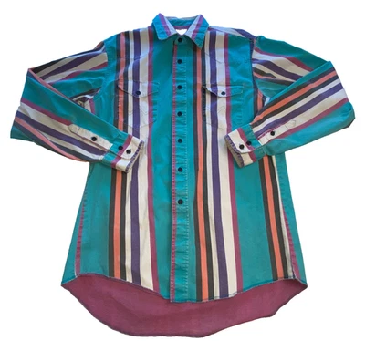 VTG Wrangler Brushpopper Shirt Men's MEDIUM Rainbow Striped Canvas X-Long Tails - Image 1 of 4