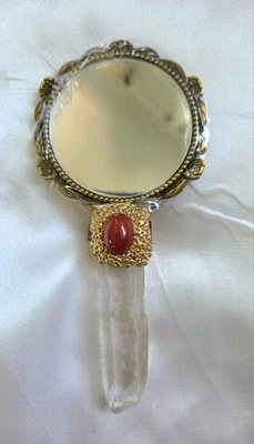 Espejo de mano punta de cuarzo y bolsillo de piedras preciosas multicolores tamaño 5,5" tono dorado Foto 1 de 4