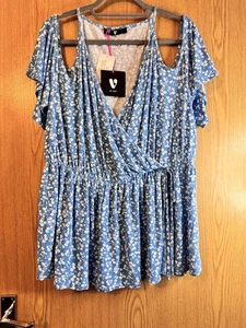 BNWT Very Floral Blue Site Cold Shoulder Wrap Top Size 18 Soft Viscose Stretch - Picture 1 of 8
