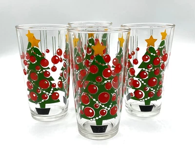 "Juego vintage de 4 vasos de diseño de árbol de Navidad Hazel Atlas de 5"" de alto" Foto 1 de 4