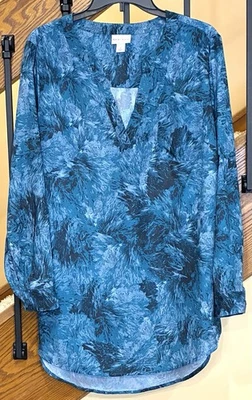 Ava And Viv Multi Blue Blouse Tab Sleeves V Neck Front Pocket SZ. X  - Image 1 of 4