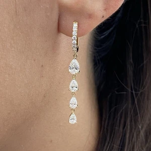 Diamond Hoop Earrings Pear & Round 2.44 Ct E-F VS1 Lab Created 14k Gold Drop - Picture 1 of 7