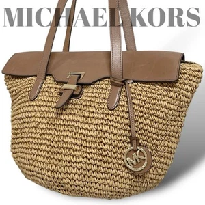 Michael Kors Wicker Tote Bag Large Straw Shoulder Handbag MK Logo Charm MBb0289 - Picture 1 of 12