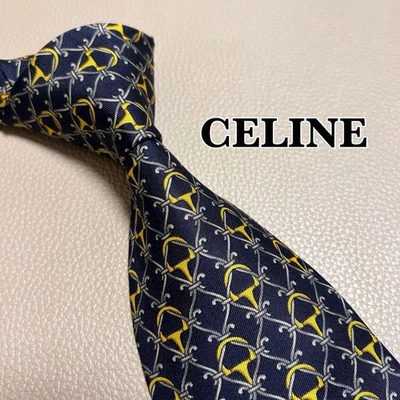 Celine Silk Tie Triomphe Stripe Navy Used High-End Brand - Image 1 of 4