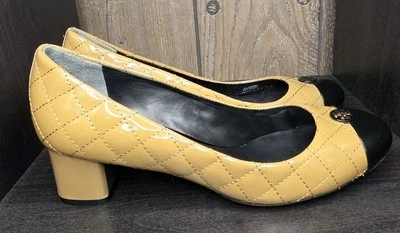 TORY BURCH KAITLIN Acolchado Tostado PATENTE CUERO Punta Redonda Bloque Tacón Talla 9.5 M Foto 1 de 4