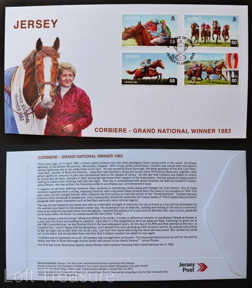 Estampillas de Jersey: "Corbiere - Gran Ganador Nacional 1983" FDC 4v Set 2013 Foto 1 de 3