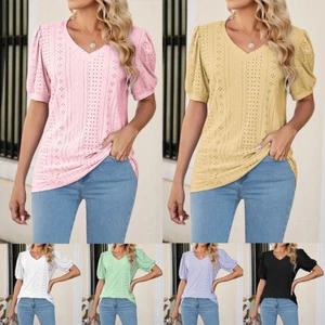 Womens V neck Summer Ladies T-Shirt Blouse Short Sleeve Tops Pullover Plus Size - Picture 1 of 22