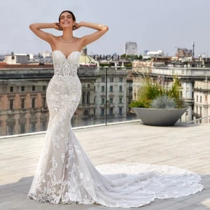 Sexy Mermaid Wedding Dresses Off Shoulder Sleeveless Lace Appliques Bridal Gowns - Picture 1 of 7