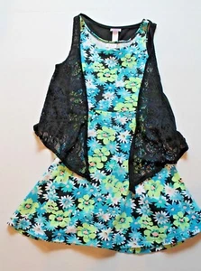 Justice Blue Floral Knit Dress with Black Lace Vest Girl Size 8 - Picture 1 of 1