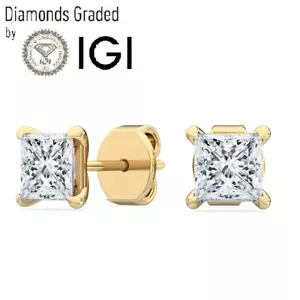 IGI,D/VS1,2CT Solitaire Lab-Grown Princess Diamond Studs Earring,18K Yellow Gold - Picture 1 of 13