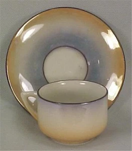 Vintage Toy Cup & Saucer Porcelain Peach & Blue Luster Black Band Czechoslovakia - Picture 1 of 4