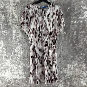 APT 9 Sz L Abstract V Neck Tie Faux Wrap Knee Length Dress Short Sleeve Stretch - Picture 1 of 10