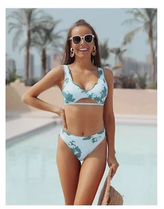 Blooming Jelly Women's High Waisted Swimsuit Crop Top Cut Out Two Piece - Picture 1 of 10